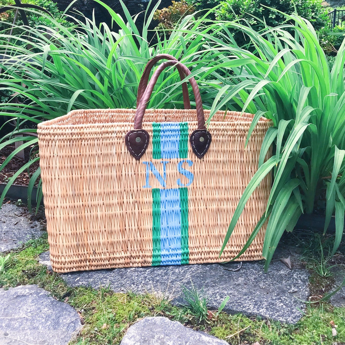 Custom hand painted Barbara rattan tote bags with leather handles and monogram stripes in size small
