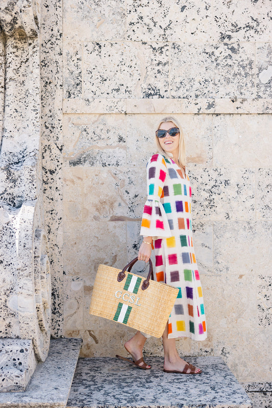 Custom hand painted Barbara rattan tote bags with leather handles and monogram stripes in three sizes