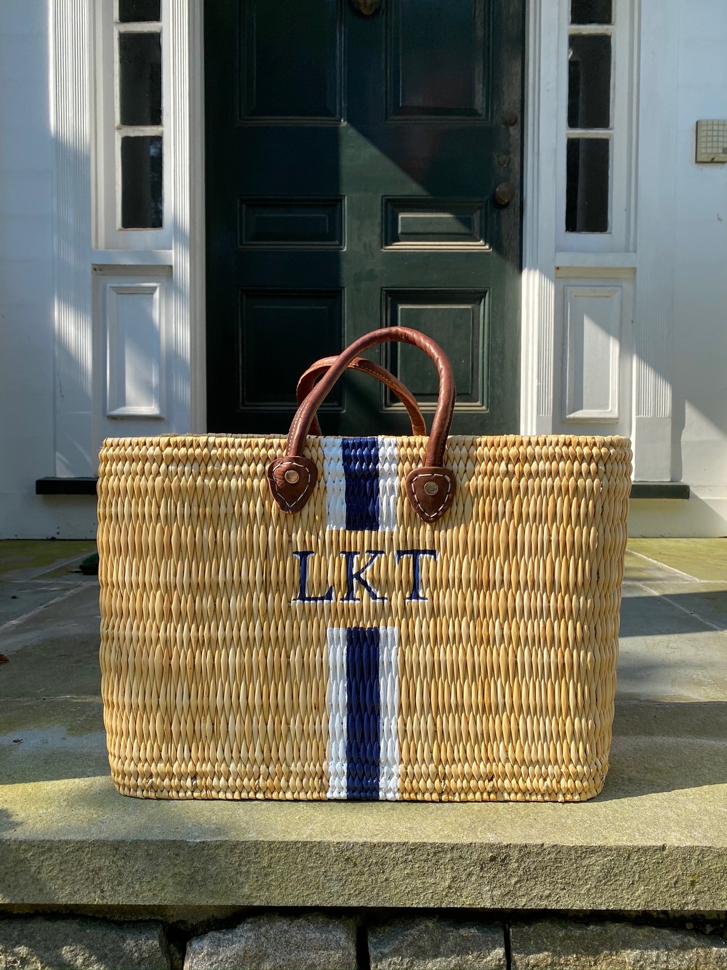 Medium custom monogrammed woven rattan beach tote bag for luxury travel