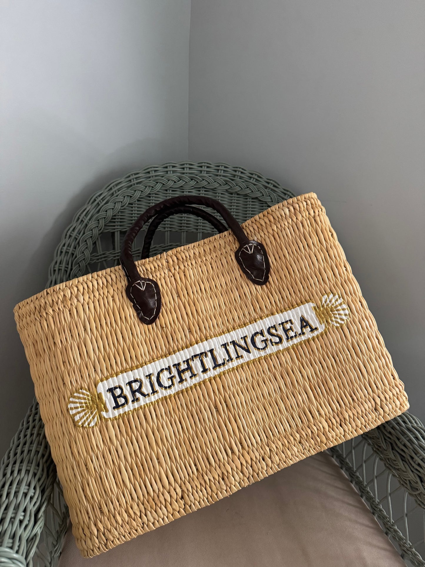 Custom hand painted Barbara rattan tote bags with leather handles and custom Nantucket logo in Medium