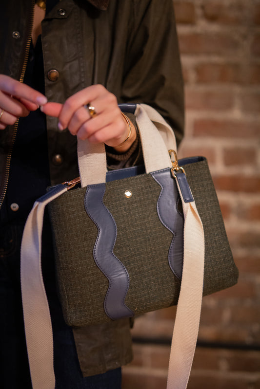 Breck & Grier Sydney Tote bag in a cozy plaid flannel fabric featuring structural over-the-shoulder straps and crossbody option.
