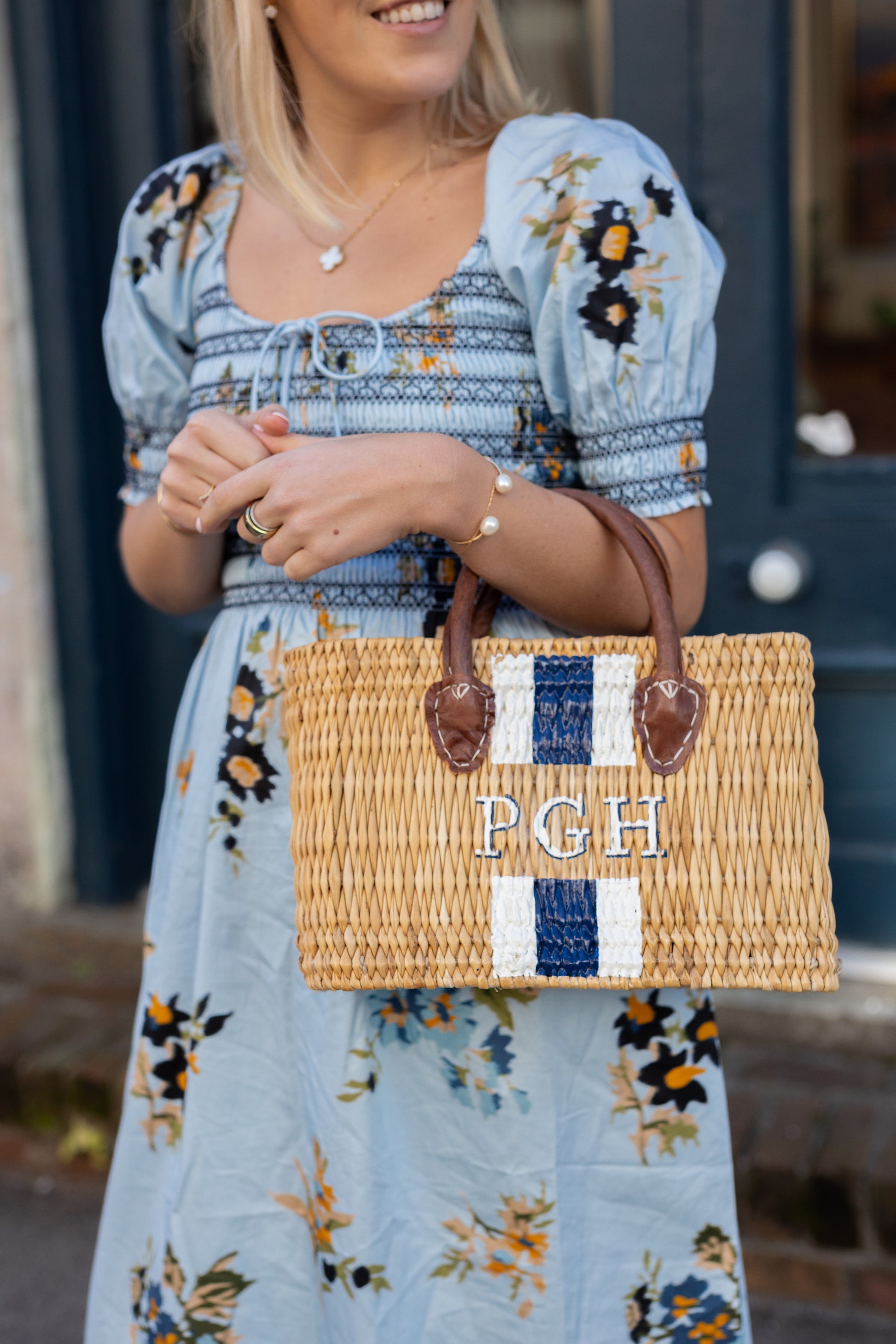 Small personalized Barbara rattan basket purse with hand painted initials