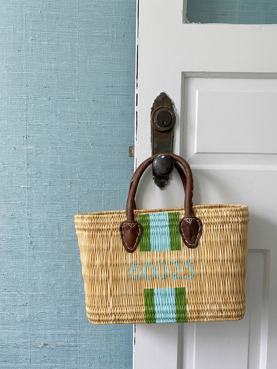 Small personalized Barbara rattan basket purse with hand painted zipcode