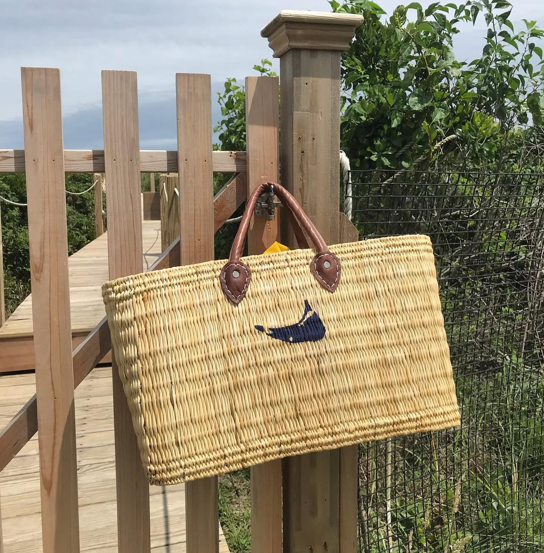 Large custom Nantucket logo painted woven rattan beach tote bag for luxury travel